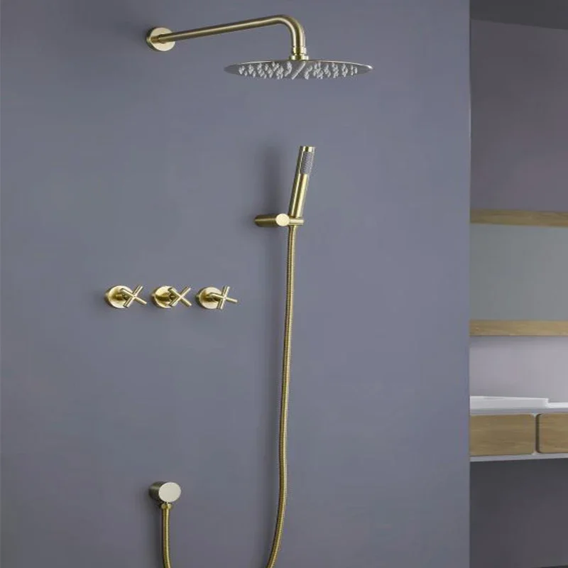 Luxury Conceal Brushed Gold Three Handle Bathroom Rain System Wall Mounted Shower Sets