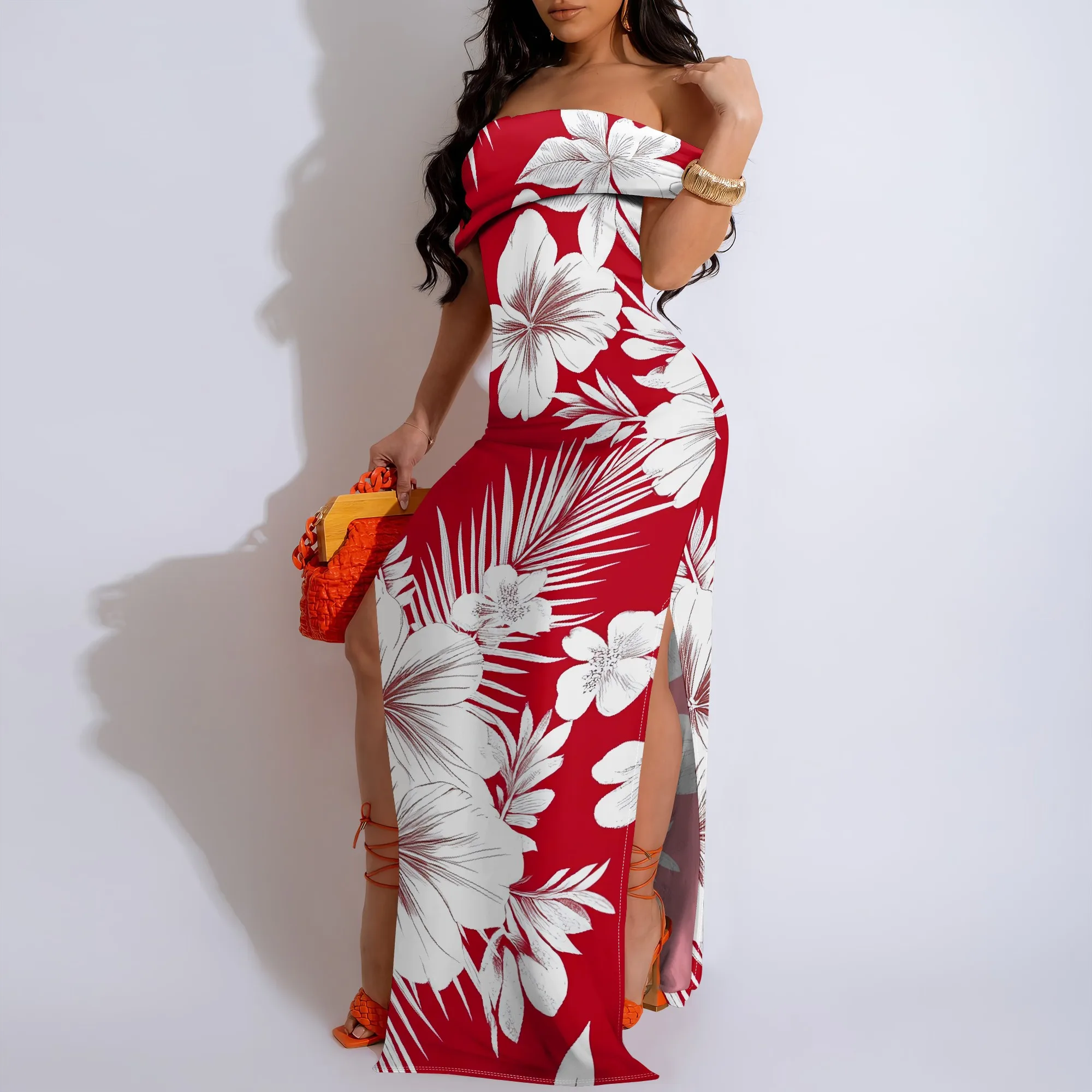 

Women's Summer Fashion Printed Short Sleeve Off-shoulder Splits On Both Sides Maxi Dress for Women Loose Casual Maxi Dress