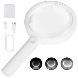 3X 6X Handheld Reading Magnifying Glass with LED Lights Large Loupe Lens USB Rechargeable Illuminated Magnifier for Senior Gift