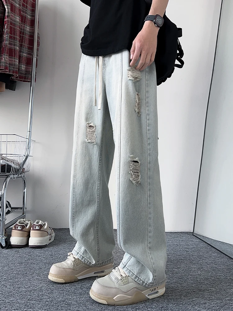 

Ripped Straight Leg Jeans Men's Summer Thin American High Street Style Casual Cotton Polyester Blend Wear Resistant Jeans