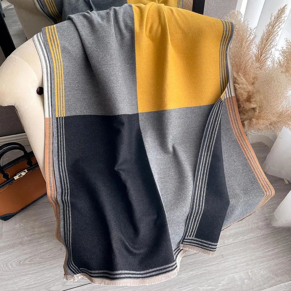

Outdoor Neck Warmer Thick Cashmere Scarf Double Sided Neckerchief With Tassel Geometric Splicing Colors Fashion Long Scarves