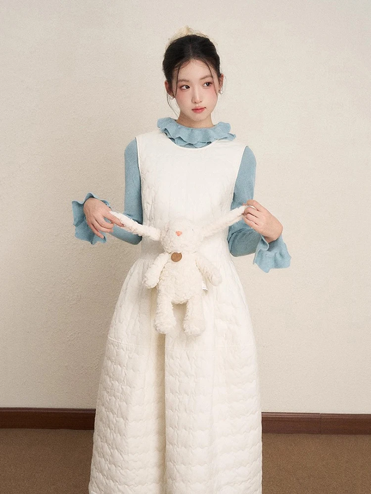 REDDACHiC Vestido feminino acolchoado de algodão, camada sólida, casual, bolsos, sem mangas, midi, vestido longo, roupa coreana de outono