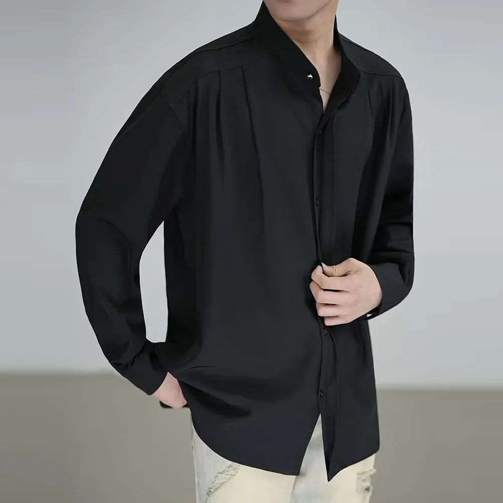 

Casual Outing Everyday Wear Mens Casual Shirt Loose Fit Stand Collar Shirt Loose Long Sleeve Slight Stretch Fabric