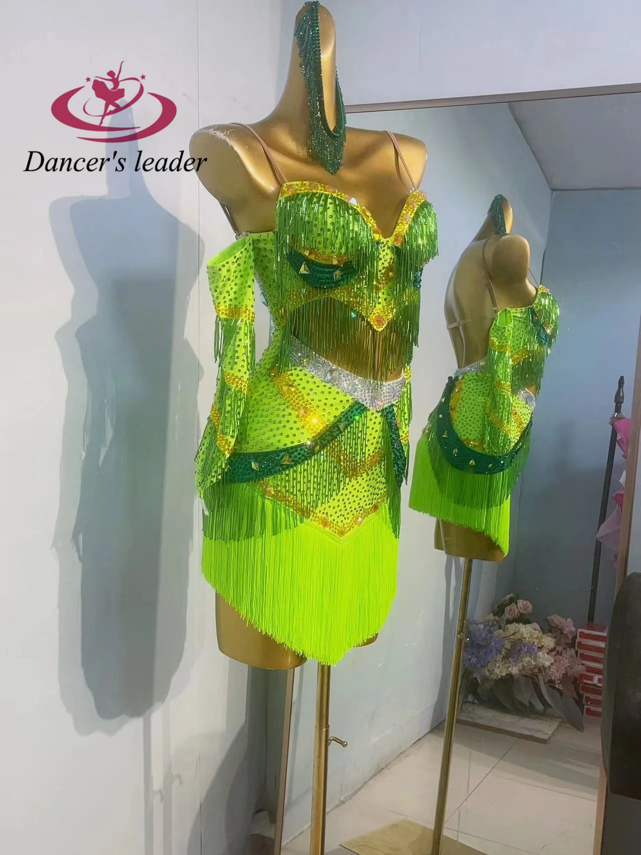 فستان الرقص اللاتيني الراقية مخصص حبة أنبوب شرابة الصدرية سامبا الماس المرأة الكبار مرحلة الملابس المهنية #5