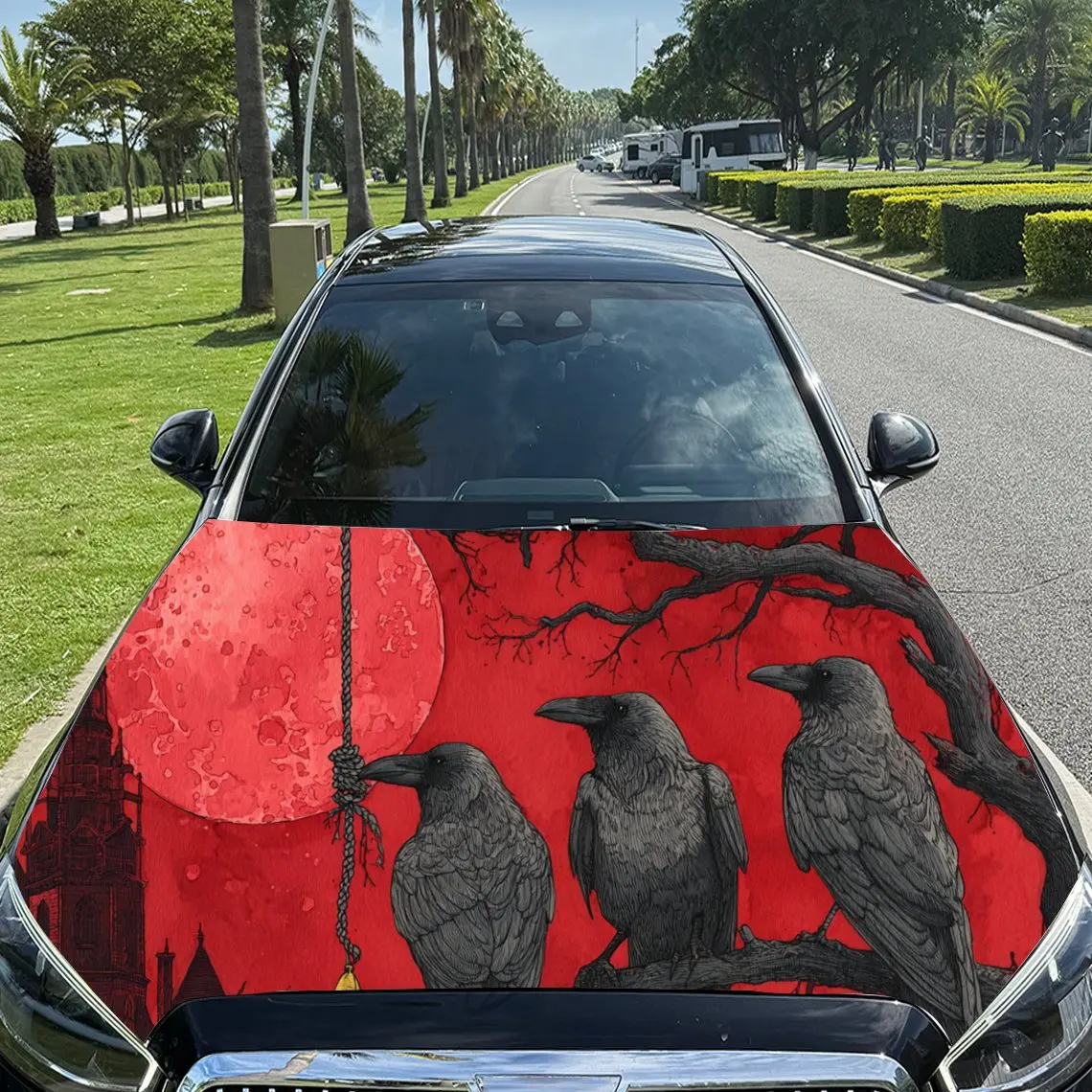 

Dark Art - inspired Black Crow PVC Car Engine Hood Vinyl Wraps, Self-Adhesive Waterproof Car Hood Decal Sticker, Car Decoration