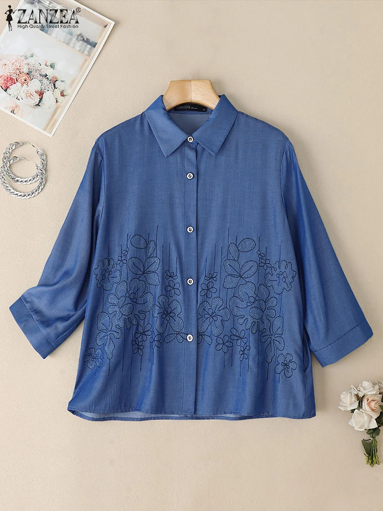 

ZANZEA Vintage Shirts Women 3/4 Sleeve Tops 2025 Embroidery Blusas Casual Lapel Neck Solid Tunic Oversize A-Line Loose Pullovers
