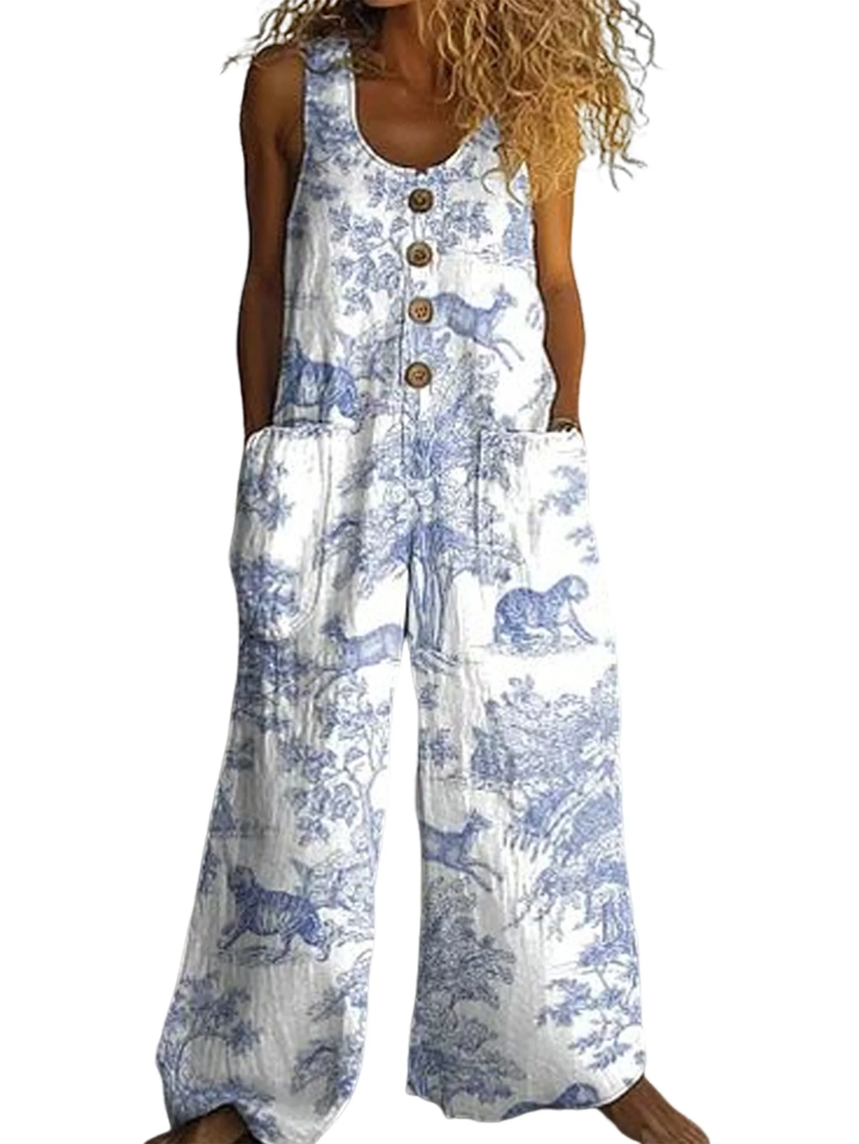 A09P Women's Summer Boho Casual Jumpsuits Wide Leg Overalls Floral Print Baggy Rompers With Pockets
