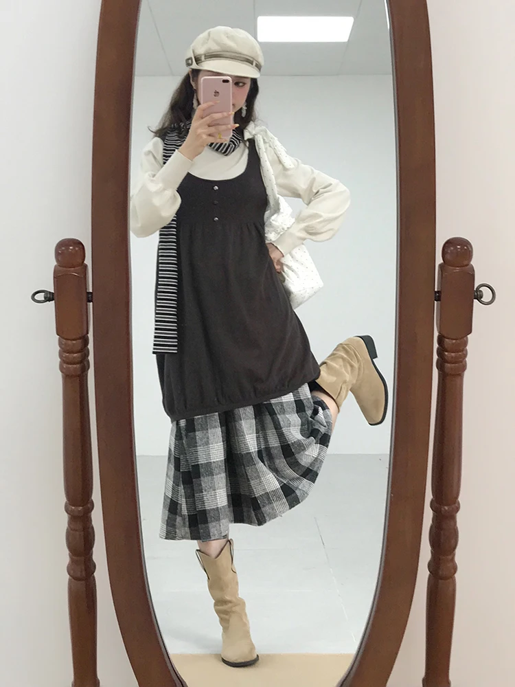 Laidba Holiday Vintage Set Top Ruffle Vest Long Plaid  Skirt Tee Piece Set Autumn Faion Women's Long Sve Outfit