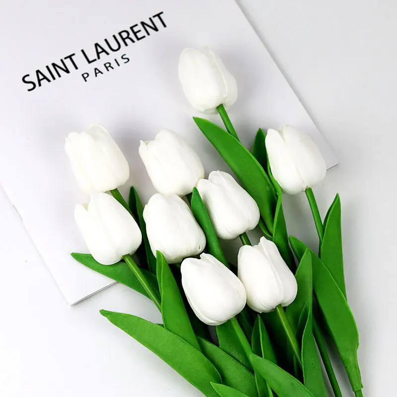 Bendable Cuttable Washable PU Mini Artificial Tulips, Nordic Style Faux Flowers for Home Decoration & Wedding Decor