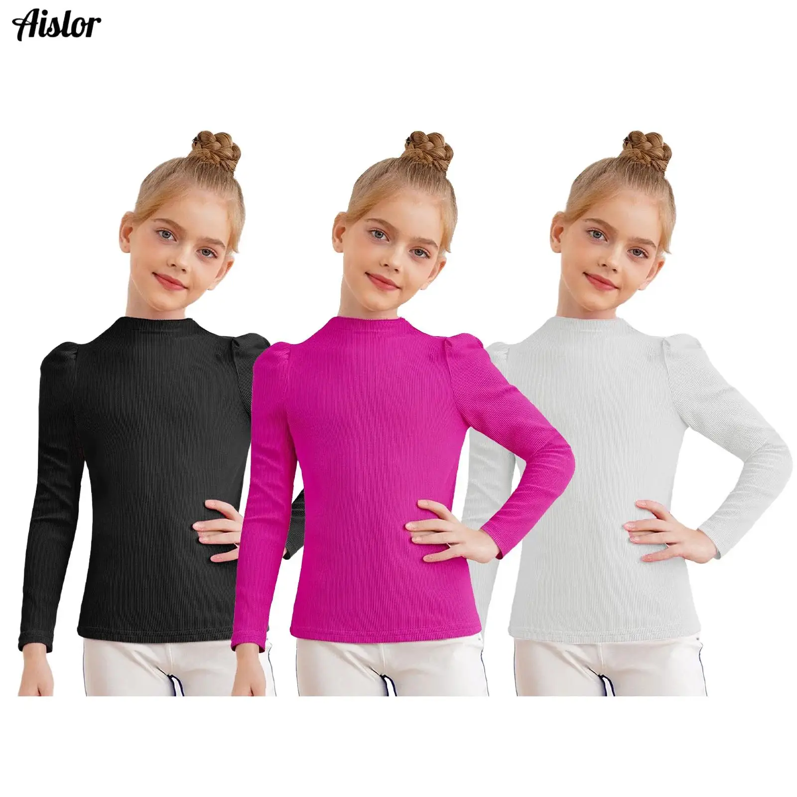 

3Pcs Kids Girls Undershirt Ribbed Pullover Tops Spring Autumn Lettuce Trim Crew Neck Long Puff Sleeves T-shirt Casual Clothes