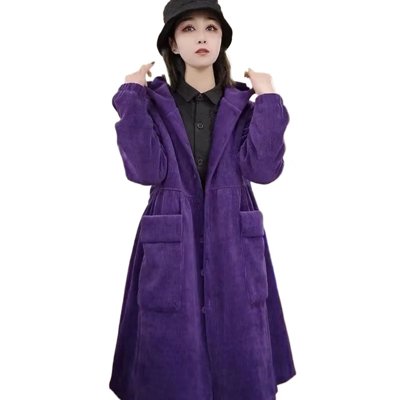 High-end Winter Cotton Coat Warm Trend Women Corduroy Cotton-padded Jacket Thick Long Parkas Hooded Loose Pocket Outerwear New