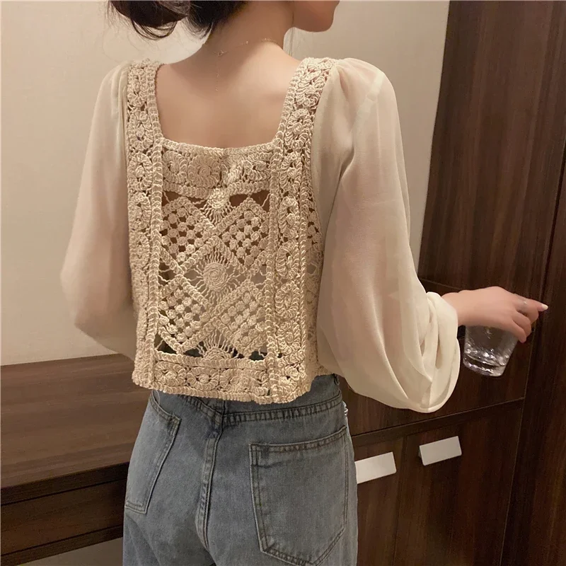 Blouse Women Square Collar Puff Sleeve Hollow Out Patchwork Fashion New Elegant All-match Loose Casual Sweet College Crop Tops