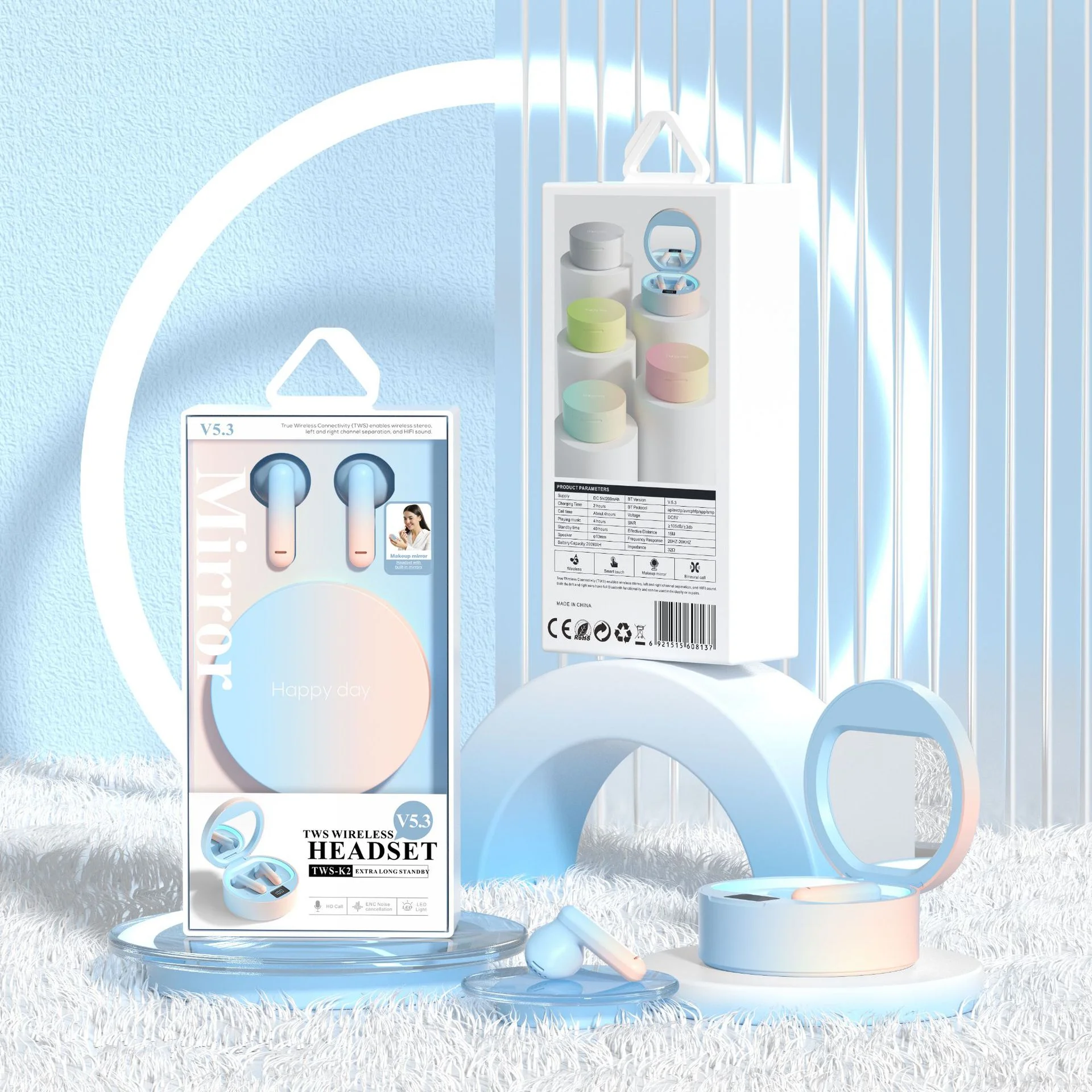 

Gradient Makeup Mirror Earphones Bluetooth 5.4 HIFI Stereo Heavy Bass Noise Reduction Wireless Bluetooth Headphones Girl EarBuds