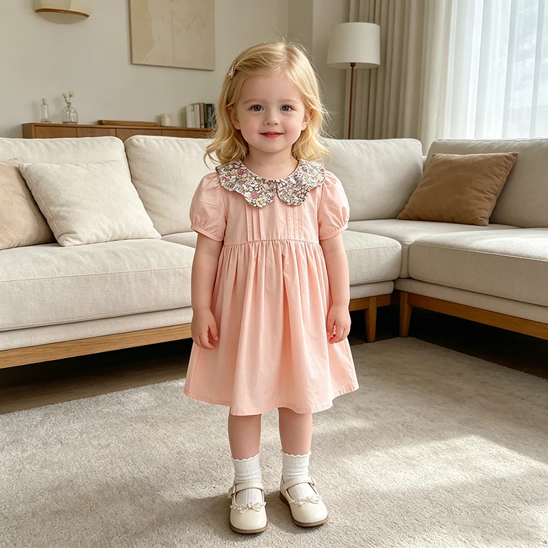  2026 Sommer Neu 2-6 Jahre Baby Mädchen Kurzarm-Kleid Blumenmuster Puppenkragen Kleinkind Stickerei-Kleid Süßes Rosa Partykleid