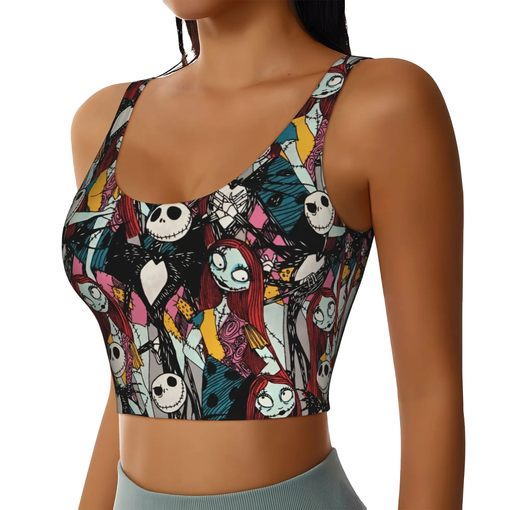 Custom Women's Skellingtones Skull Sports Bra Halloween Horror High Impact Gym Workout Yoga Crop Tank Tops