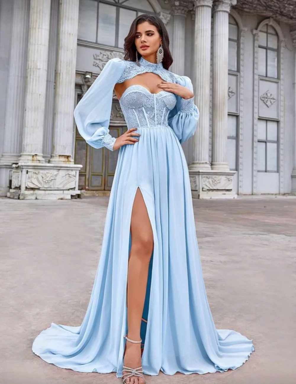 

Customized Matching Fashion Chiffon Lace Pleat Backless A-line High Collar Long Dresses Evening Dresses Sizes Available Formal