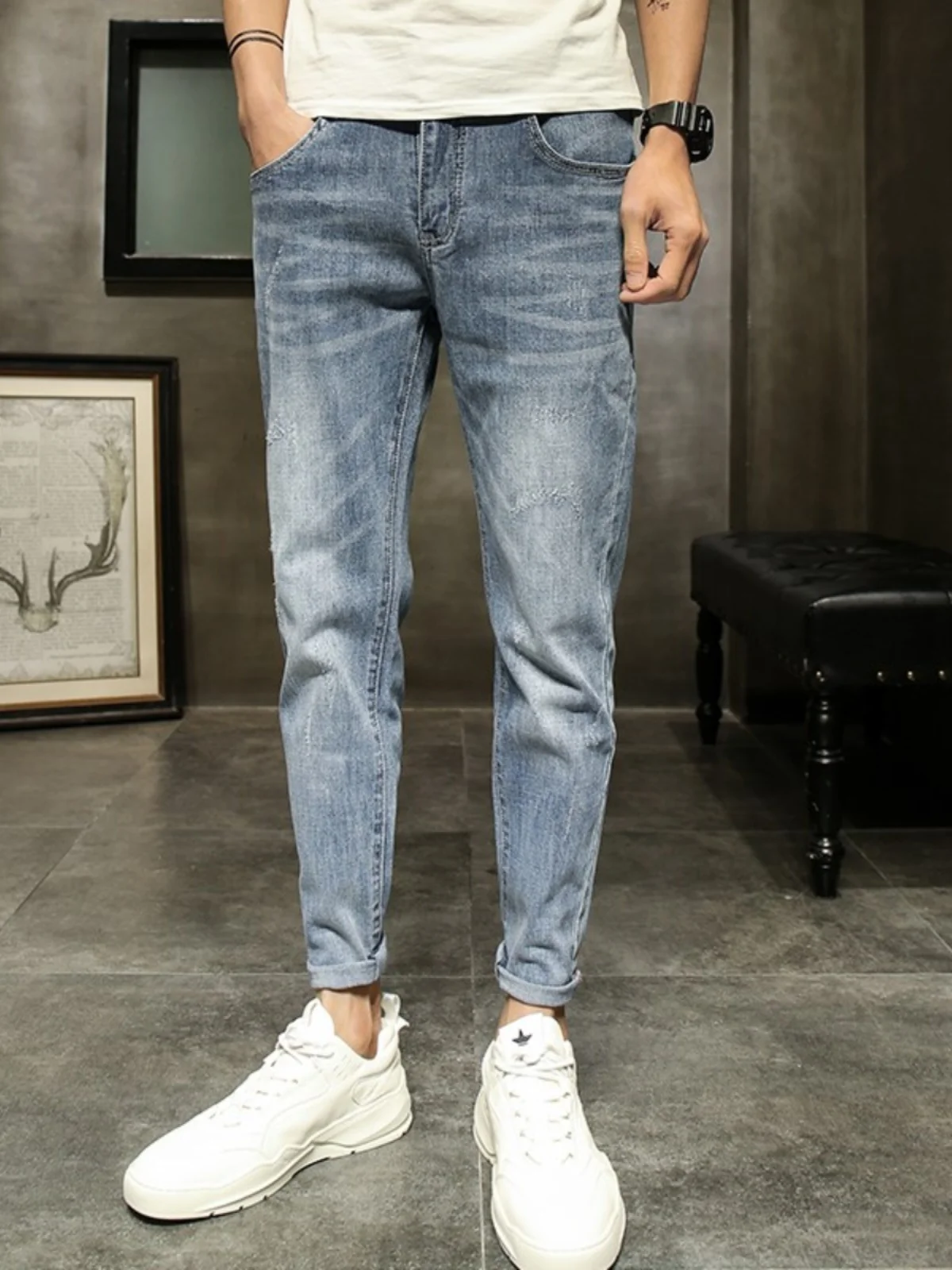 

Весенне-осенние мужские облегающие джинсы, модные брендовые эластичные девятиточечные повседневные эластичные хлопковые джинсовые джинсы со средней талией на молнии, молодежная мода