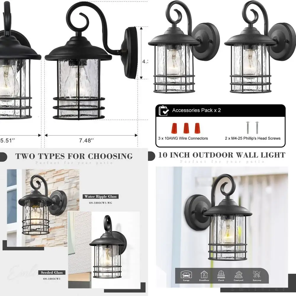 

Pair of Black Outdoor Wall Lanterns with Clear Seeded Glass, Twin Pack, OS-1803CW1