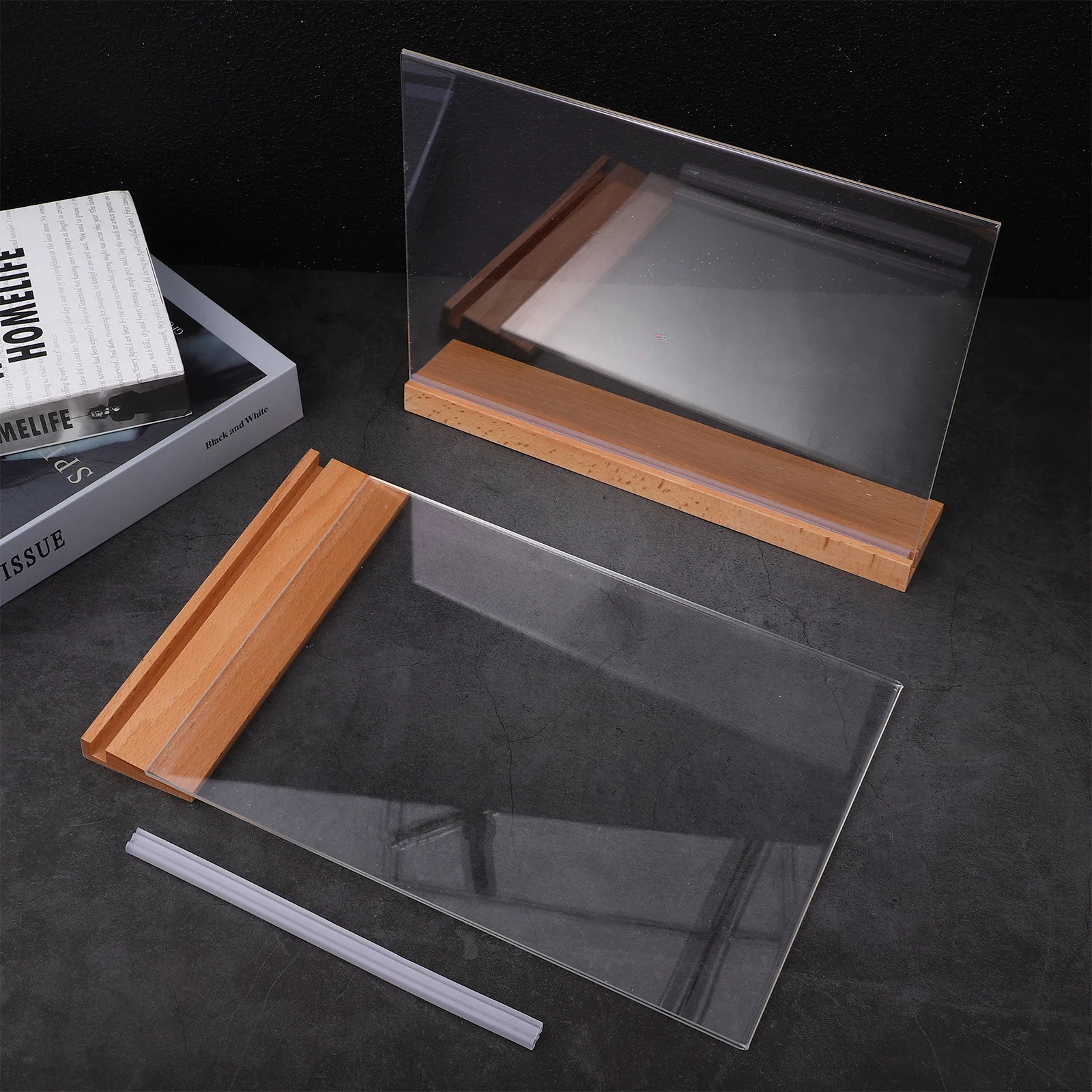 

2 Pcs A4 Acrylic Display Holders 210x297mm Wooden Base Sign Stands For Restaurant Wedding Exhibitions Document Holder