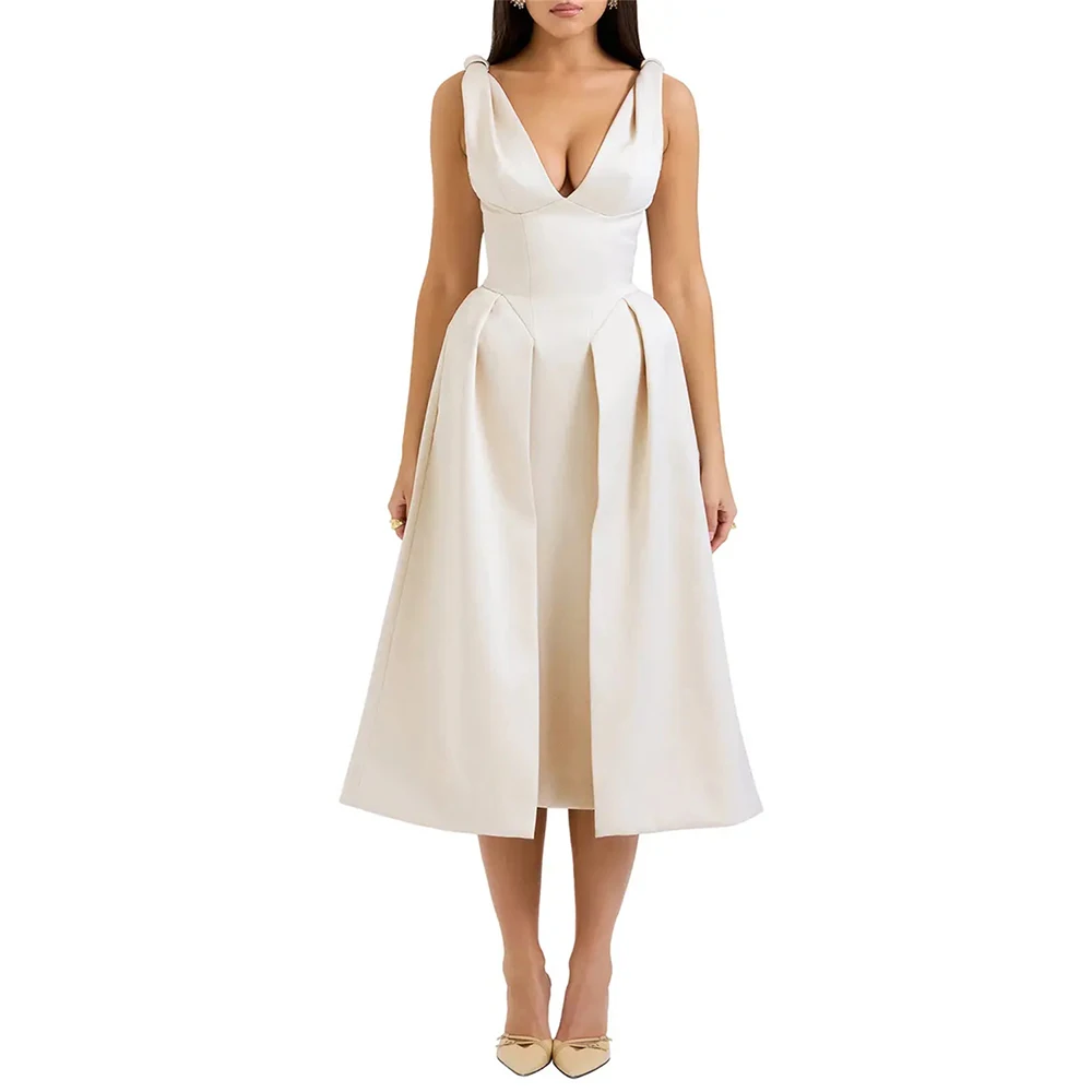 

Elegant V Neck Evening Dresses A Line Sleeveless Prom Dress Pleated Ruched Women's Formal Evening Gowns Luxury Party Vestidos