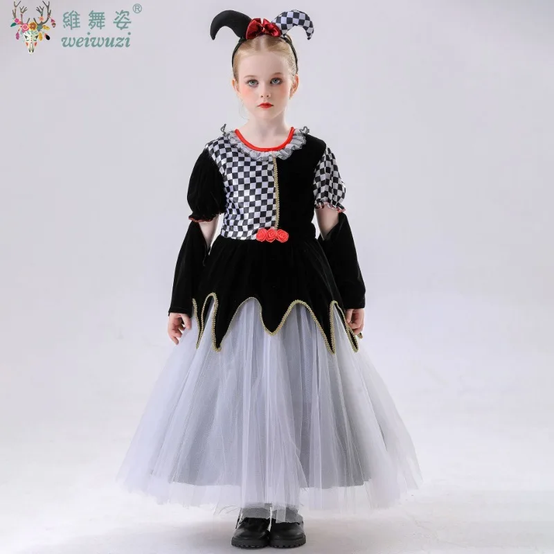 

Новый Хэллоуин, карнавал, клоун, монстр, клетчатое платье, костюм для девочек, детский нарядный милый танцевальный маскарадный костюм, комплект