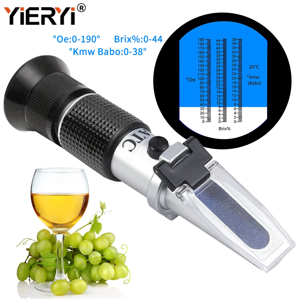 Yieryi Handheld Oechsle Brix Refractomete 0~44% Brix 0~190 Oe Oechsle 0~38 KMW Refractometer Wine Beer Fruit Juice Brew