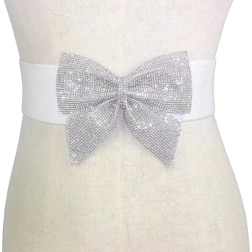 Women\'s Big Rhinestone Bow Elastic Peplum Waistbunds Wide Wedding Party Dress Belts For Women Blingbling Corset