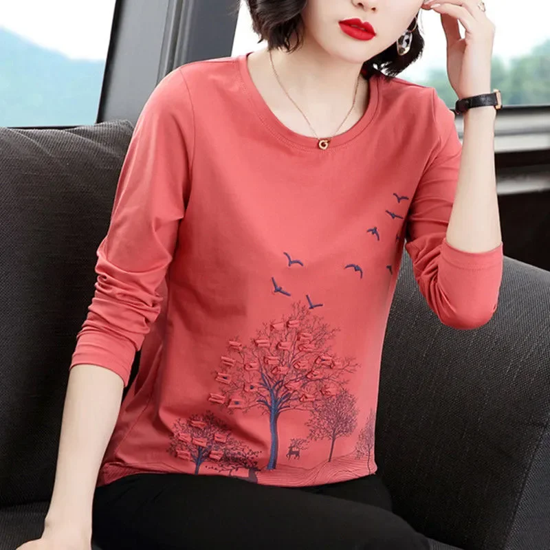 

Женский свободный топ из чистого хлопка с длинными рукавами и Т-образной подкладкой, новинка 2025, осень-зима, универсальный топ с вышивкой