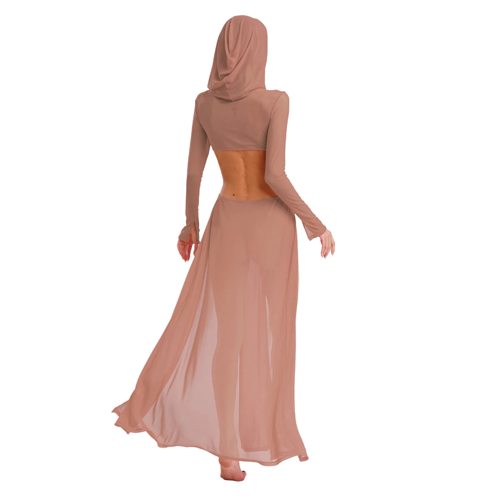Women Sheer Dress Maxi High Slit Dress Hooded Face Mask Long Sleeves Hollow Out Sheer Dress Cover Up Swimwear Sexy Mesh Dress