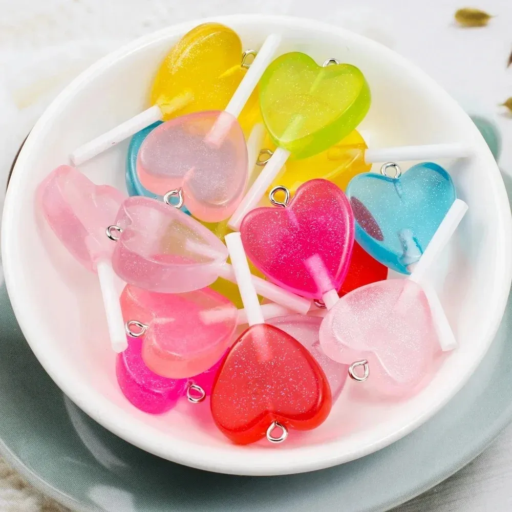 10Pcs Kawaii Sparkly Heart Lollipop Resin Charms Glitter Candy Pendants Handcraft Ornaments For Earrings Keychain Making view 2