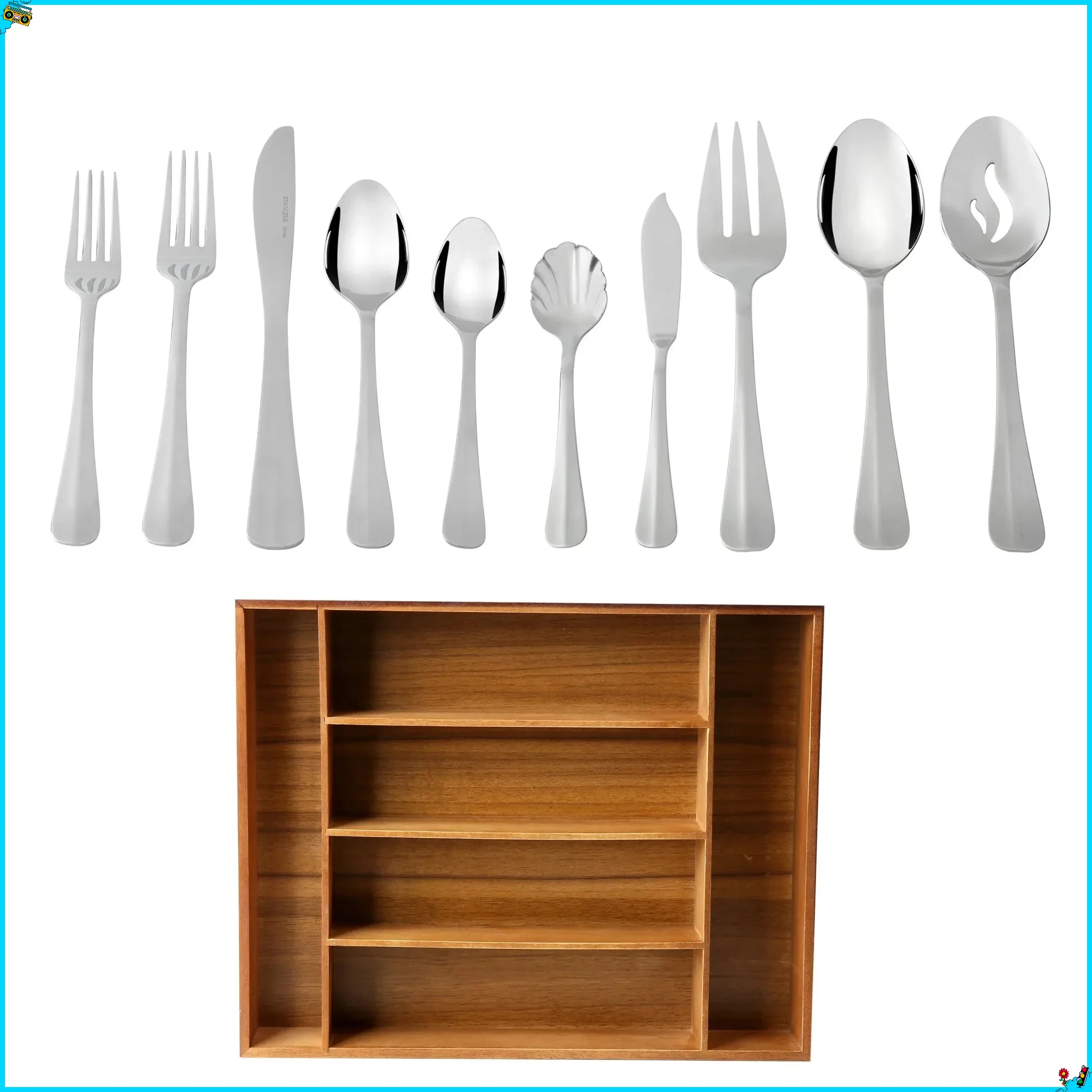 

45-piece stainless steel cutlery set with wooden tray organizer, serves 8 adults and is built for long-lasting performance