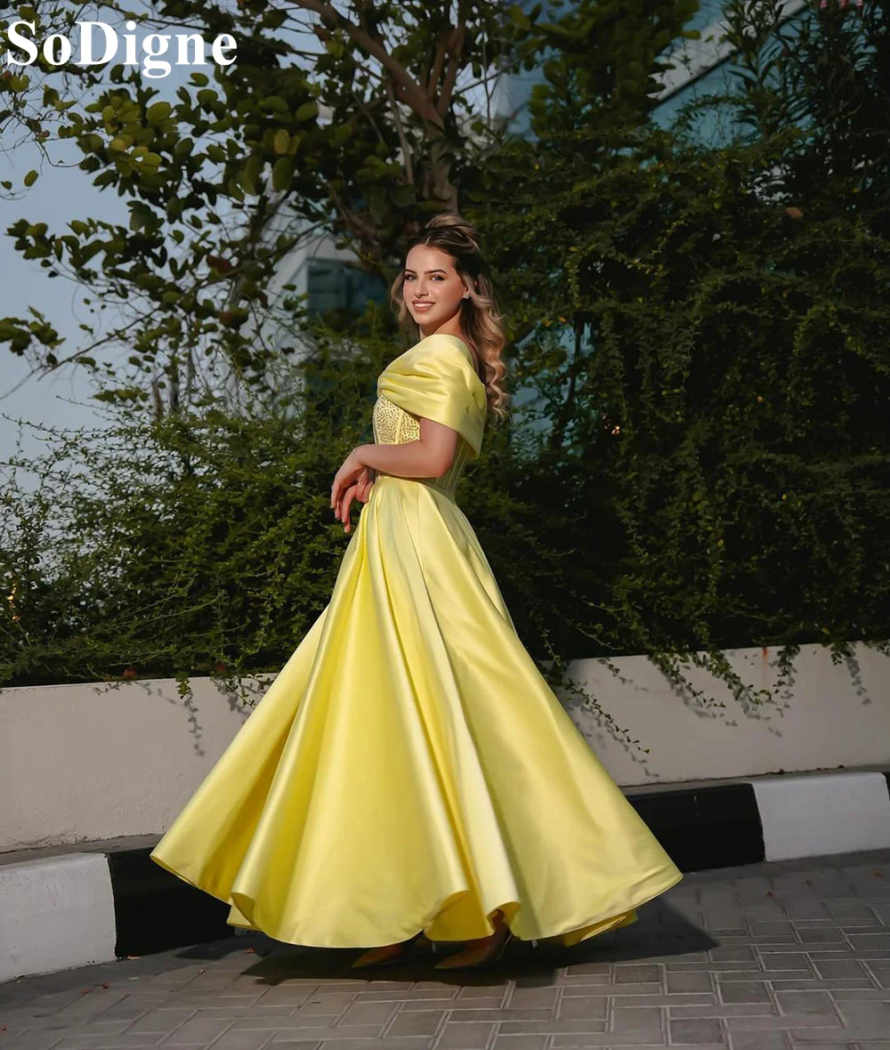 SoDigne A-Line Yellow Off Shoulder Satin Evening Dresses Sequins 2024 Celebrity Party Prom Gown for Women Homecoming Dresses