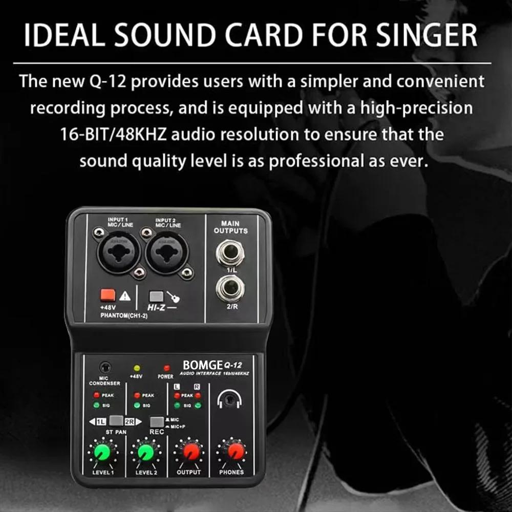 Q12 2 canales interfaz de Audio profesional consola de tarjeta de sonido Mini mezclador USB portátil para grabación de guitarra estudio canto