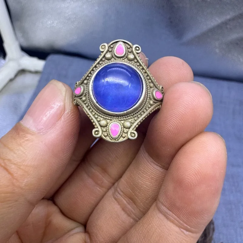 Vintage Ethnic Adjustable Cloisonne Ring Inlaid Six-Pointed Star Sapphire Oriental Fashion Finger Jewelry