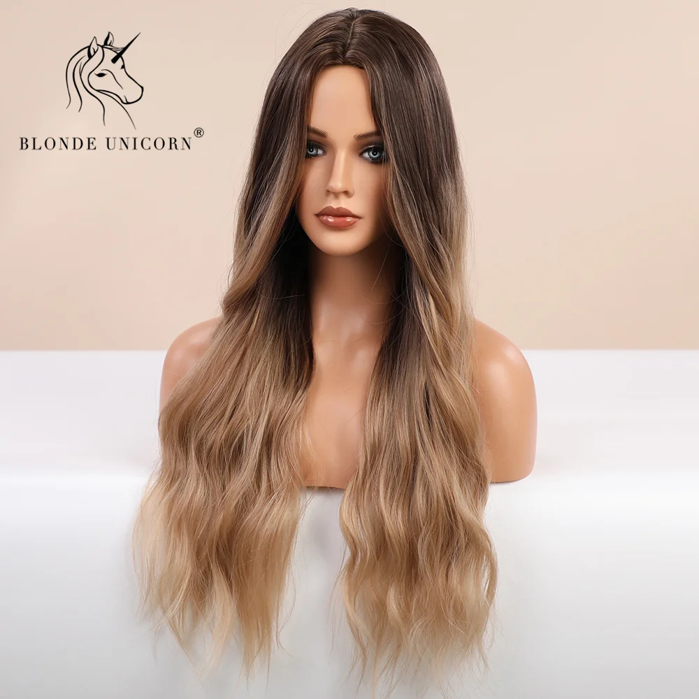 Blonde Unicorn Synthetic Wig Ombre Blonde Brown Long Wigs Middle Part Hair Wig Daily Natural Wavy Heat Resistant Fiber dla kobiet