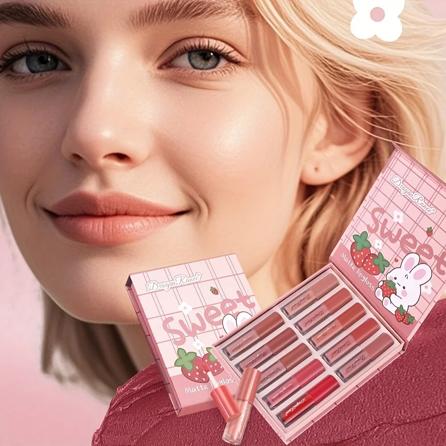 Juego de 10 brillos de labios no es fácil de teñir, caja de regalo mate, lápiz labial líquido, dibujos animados bonitos
