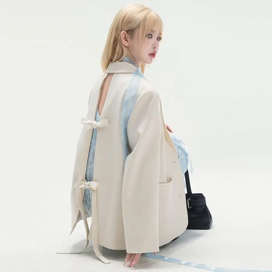

Insozkdg Early Spring New Fashion Suit Coat Women Tops Sweet Back Tied Bow Design Hollow Loose Casual Blazers Women Clothing