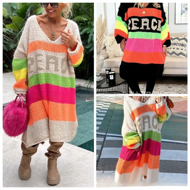 

Rainbow Stripe V-neck Loose Knitted Sweater for Women 2025 Autumn New Long Sweaters