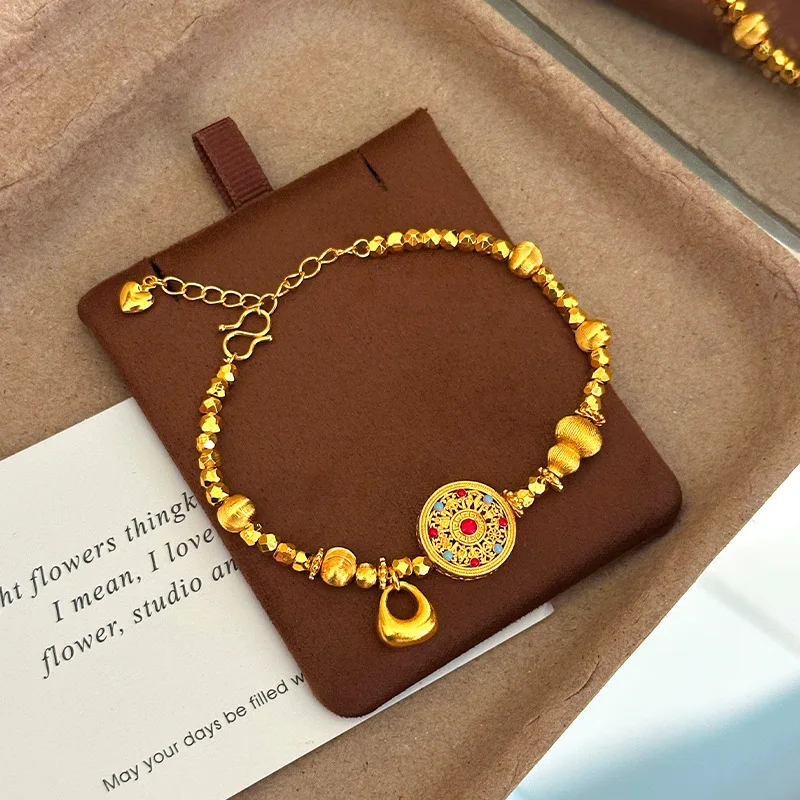 luxury 9999 24K real gold enamel eight-treasure compass gold tuotuo brushed gourd wrapped bracelet for women as a gift