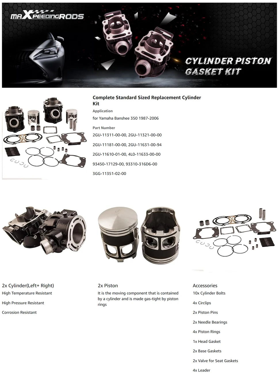 Cylinder Piston Gasket Top End Kit 347cc for Yamaha Banshee 350 YFZ350 1987-2006 2GU-11311-00-00 2GU-11321-00-00
