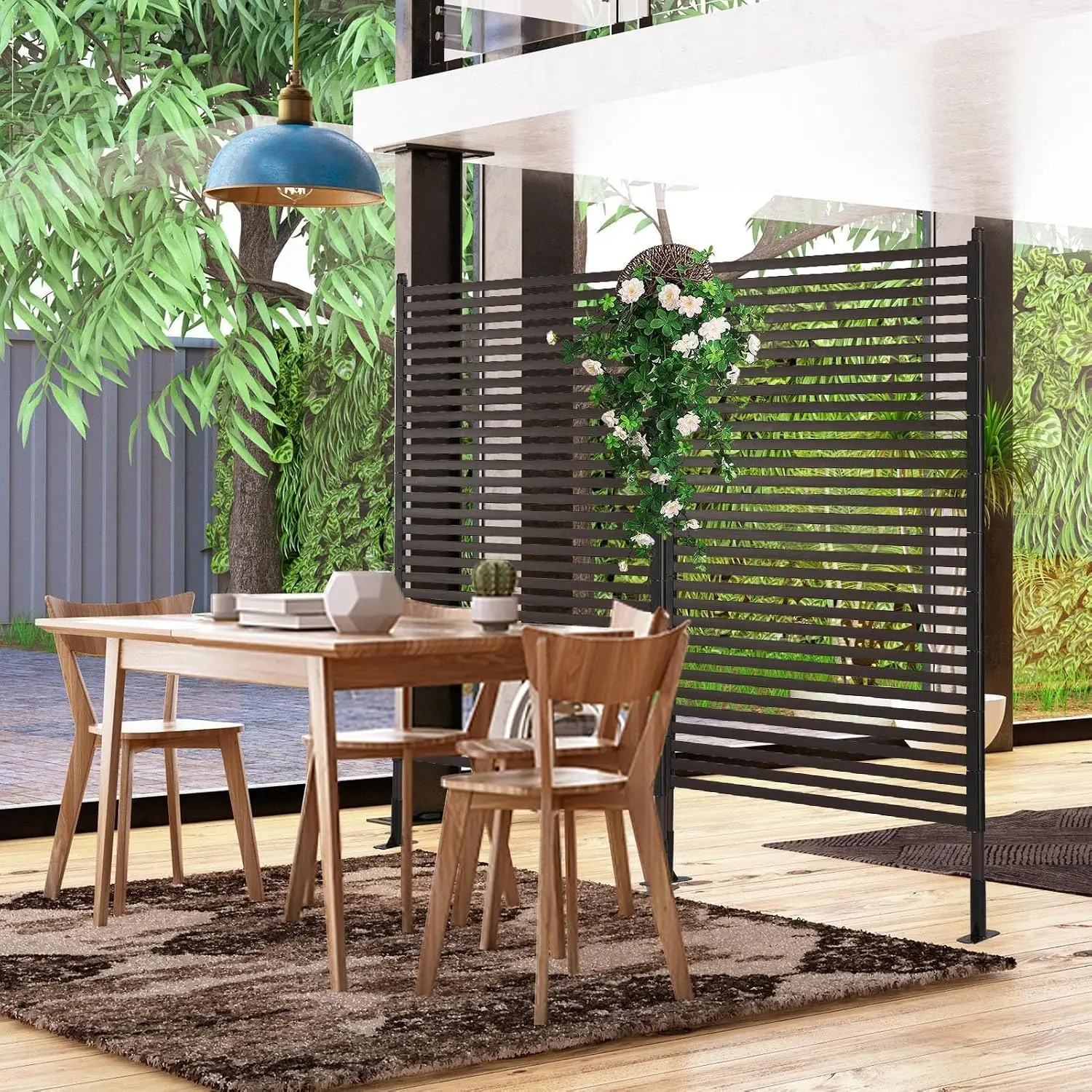 Metal Outdoor Privacy Screen with Stand, 4 ft W x 6 ft H PE-Coating Steel Pipes and Slats Panels, Decoative Privacy Screen