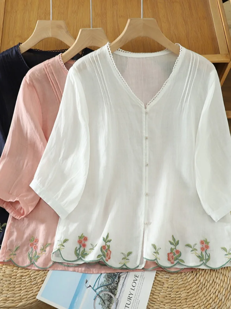 

New Chinese Style Embroidered Lace Hem Flax Short Sleeve Shirt Women Summer Lightweight Breathable Fashion Loose Ageless Open...