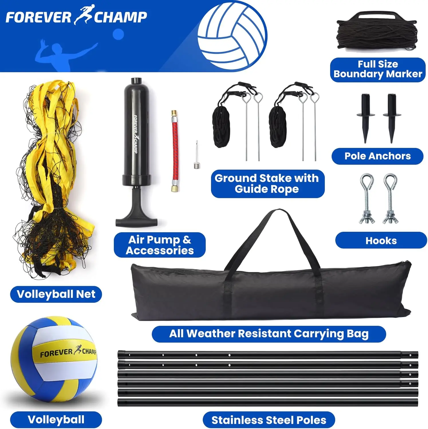 Portable Volleyball Net Set with Regulation Size Net, PU Ball, Carrying Bag, Poles & Pump for Backyard and Beach