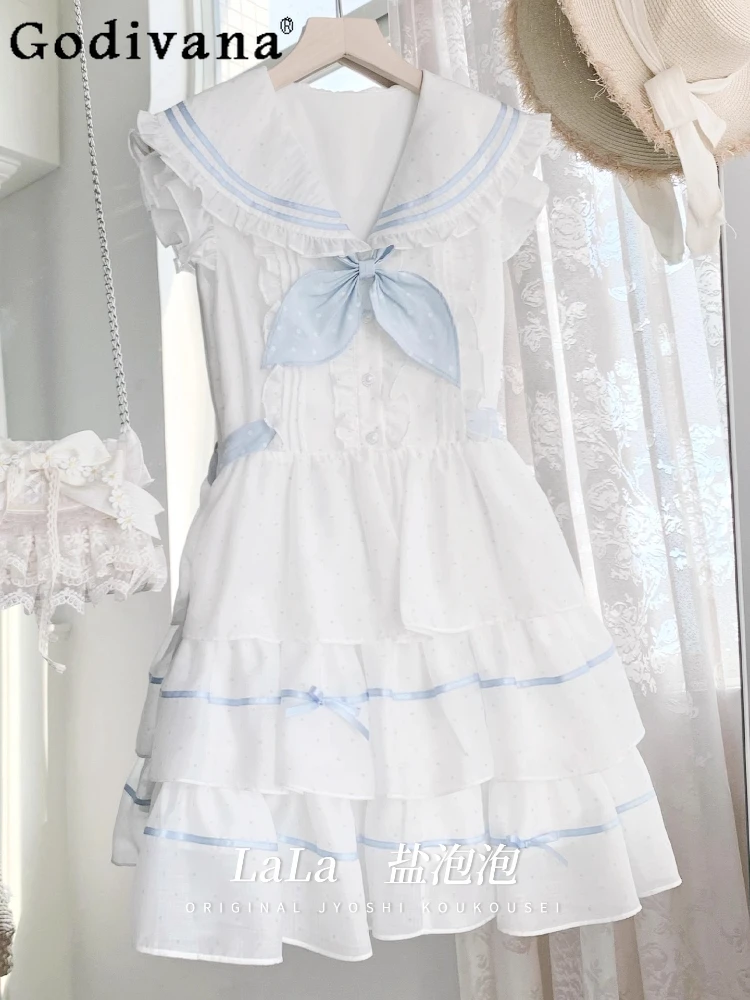 Robe d'été pour fille, Style japonais, Lolita, avec nœud mignon, col bleu marine, sans manches, Mini robe quotidienne Y2K, nouvelle collection