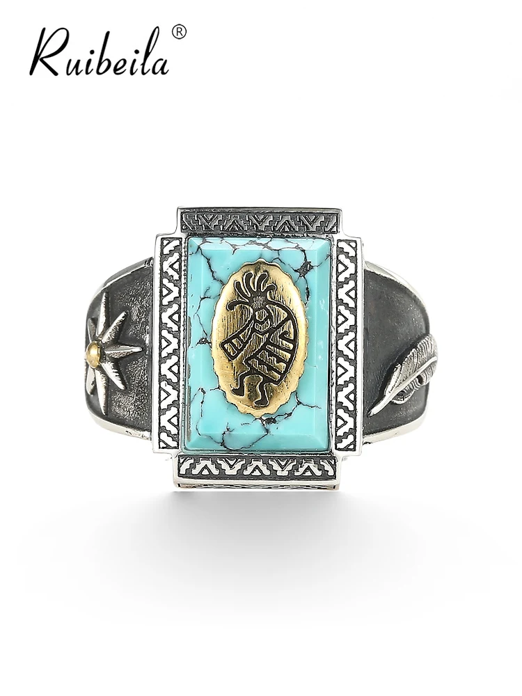 Ruibeila Vintage personnalité s925 argent Indian Brother an turquoise tideo bague ethnique vent Hip Hop niche Design