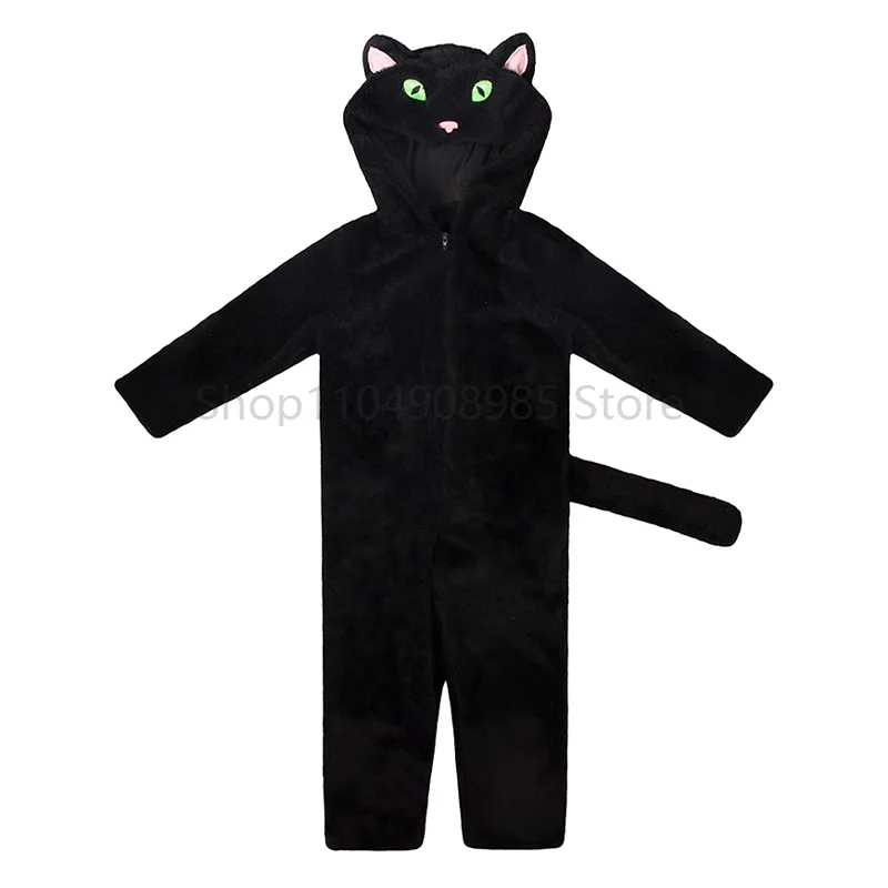 Cute Girls Pink Cat Animal Jumpsuit Hoodie Onesie Halloween Fancy Dress Up Boy Children Black Cat Costume