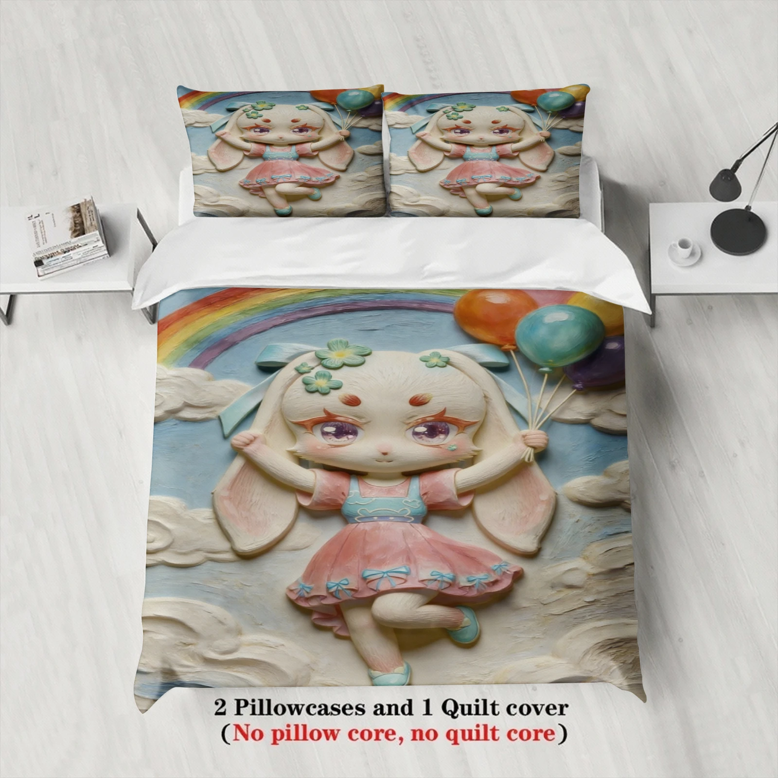 Softville Cozy Town 3PC Bedding Sets Lop Rabbit Twirling With Balloons Pint Duvet Cover No filling Cartoon Style Queen King Size