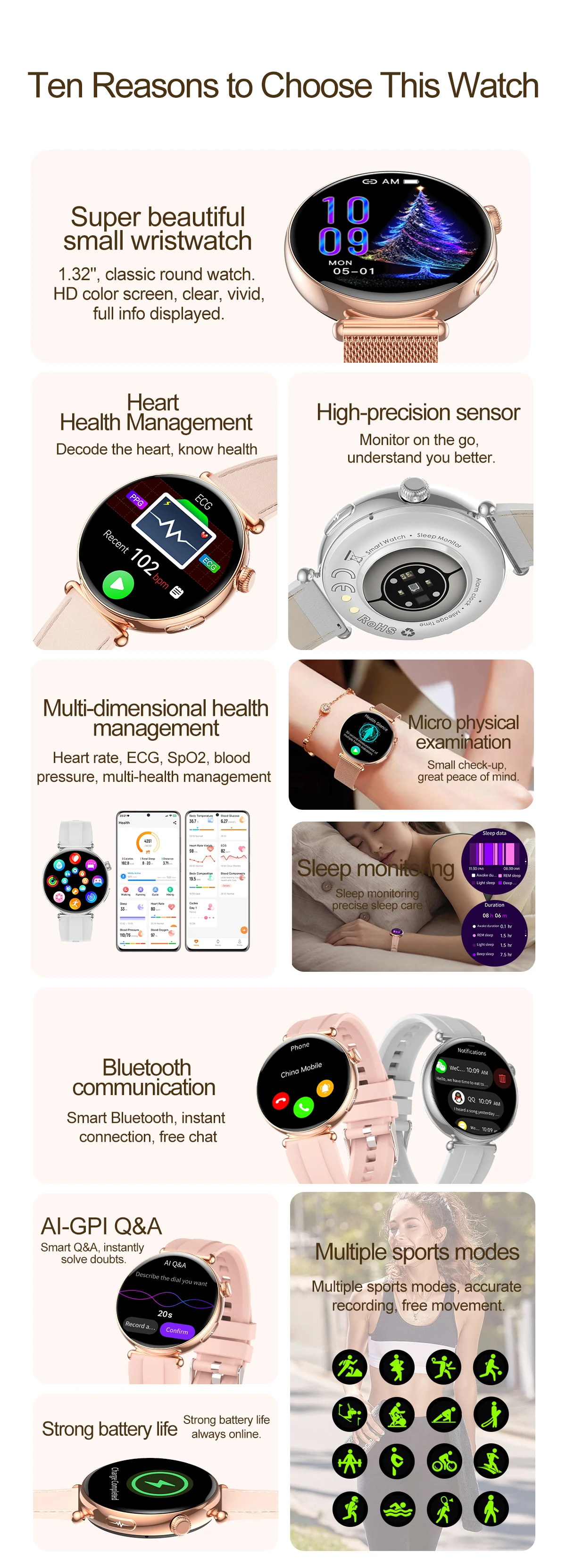 Luxus-Diamant-Smartwatch für Damen, 1,32 Zoll AMOLED-Bildschirm, Herzfrequenz- und Blutdruckmessung, Gesundheitsmonitor, IP68 wasserdicht, Sportuhr – Detail 2