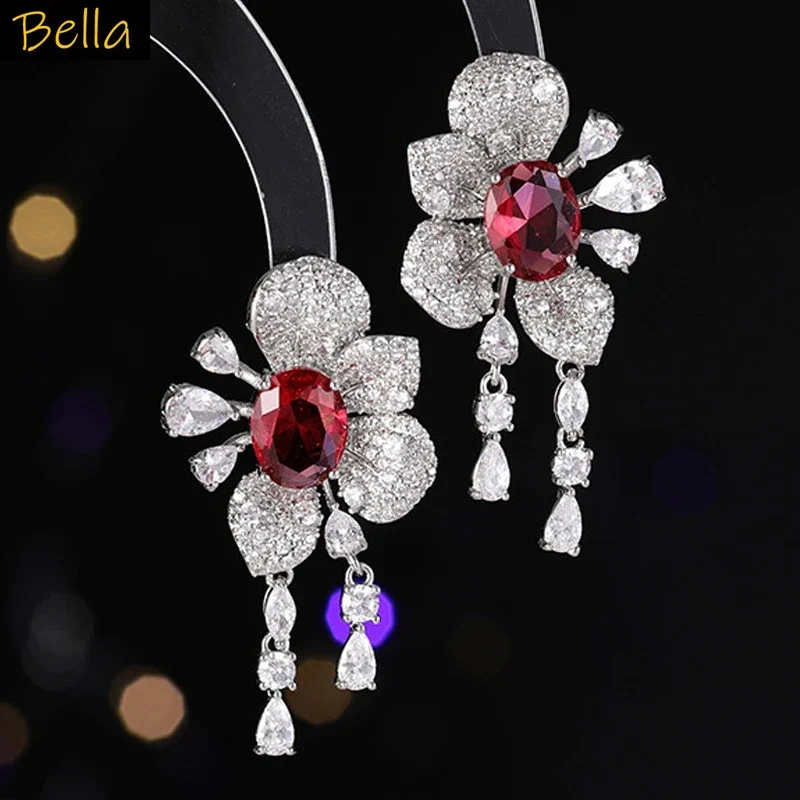 

Women Earrings Flower Zircon Copper Luxury Jewelry Wedding Banquet Party Red Green Floral Earrings Sweet Female Gift