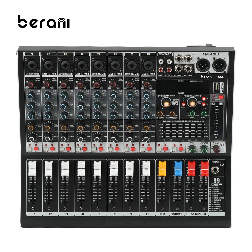 Lane LBG-8 New Fashion 8 Channel Audio Mixer Interface Recording Studio Professional DJ Mixer Console Outdoor 99DSP